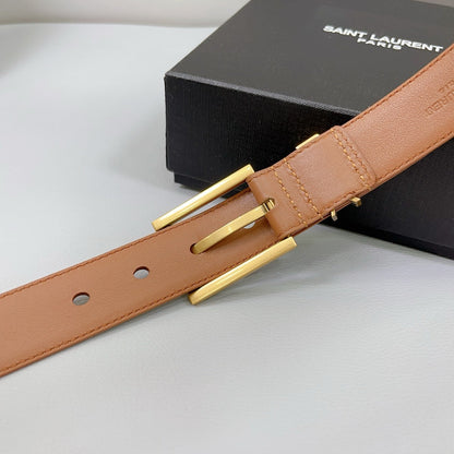 Saint Laurent Square Buckle Leather Belt with Mini Monogram Keeper