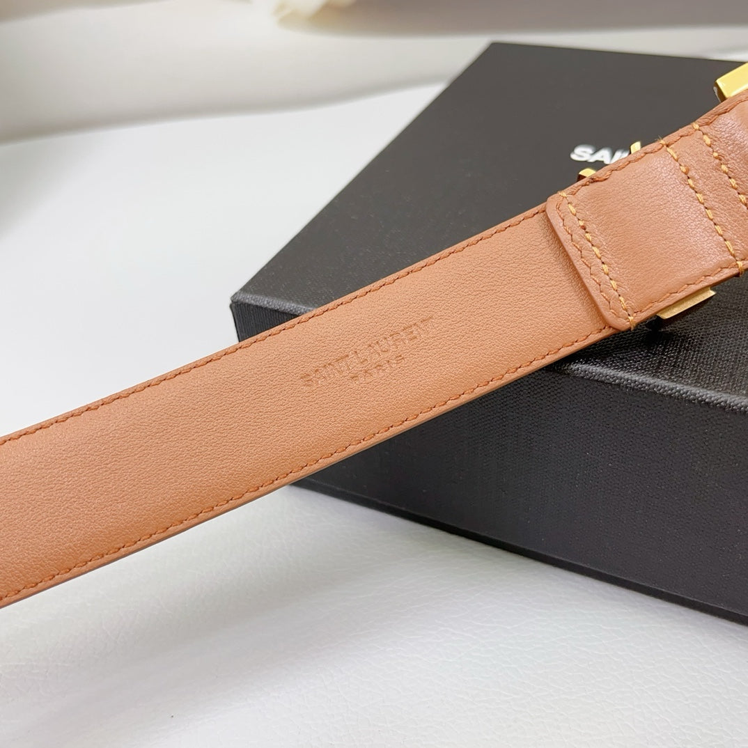Saint Laurent Square Buckle Leather Belt with Mini Monogram Keeper