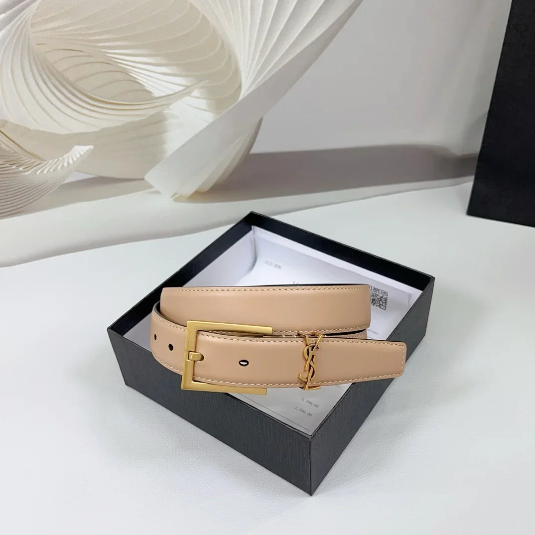 Saint Laurent Square Buckle Leather Belt with Mini Monogram Keeper