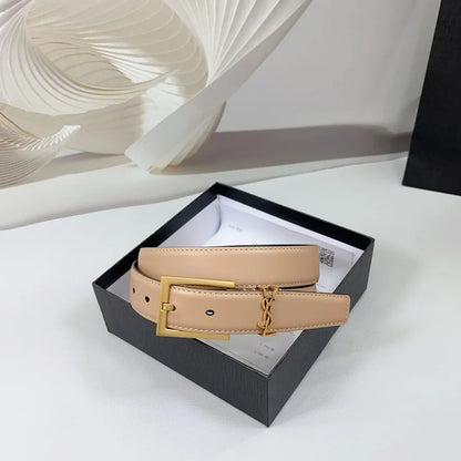 Saint Laurent Square Buckle Leather Belt with Mini Monogram Keeper