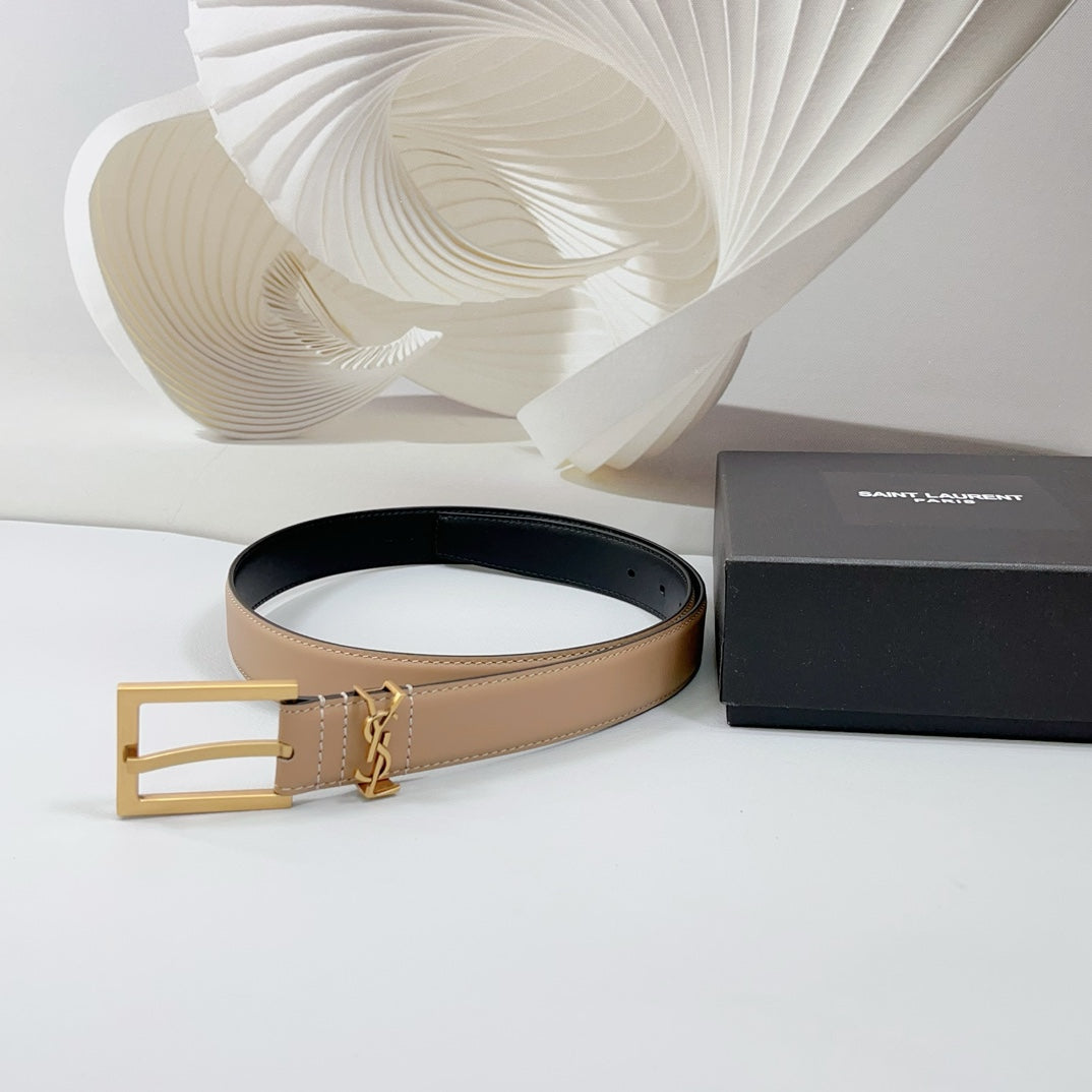 Saint Laurent Square Buckle Leather Belt with Mini Monogram Keeper