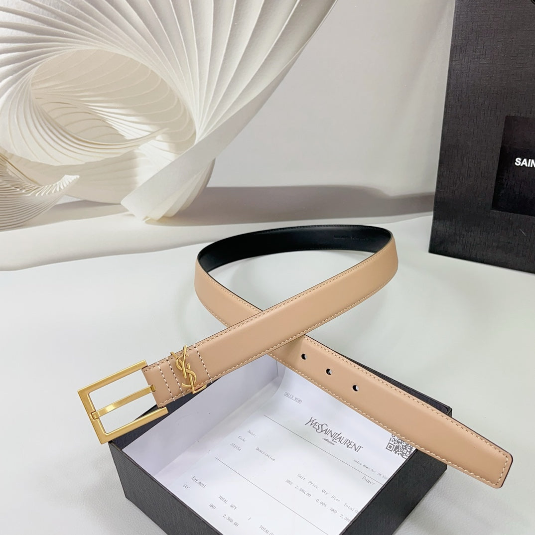 Saint Laurent Square Buckle Leather Belt with Mini Monogram Keeper