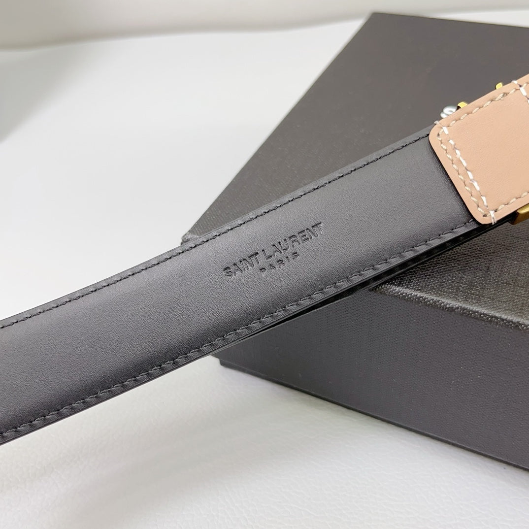 Saint Laurent Square Buckle Leather Belt with Mini Monogram Keeper