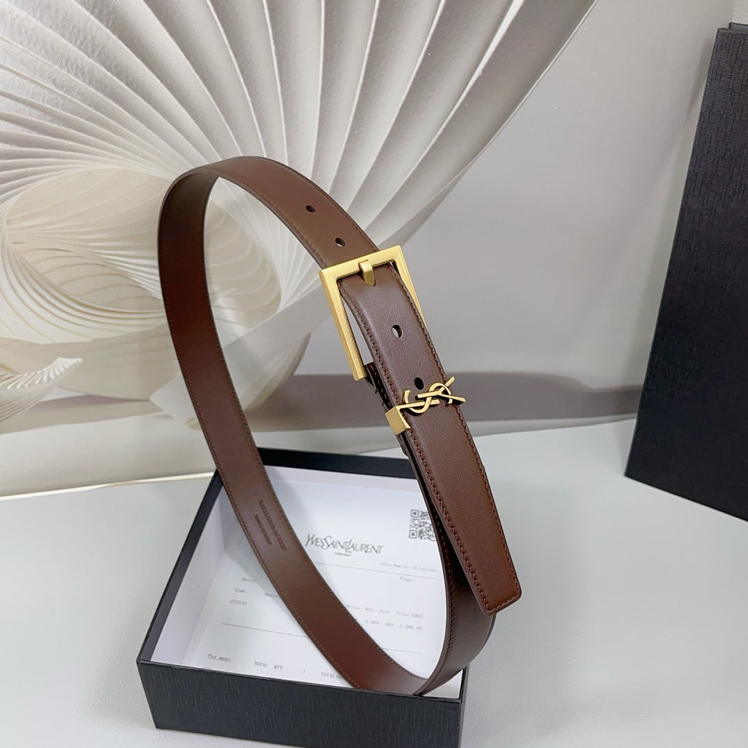 Saint Laurent Square Buckle Leather Belt with Mini Monogram Keeper