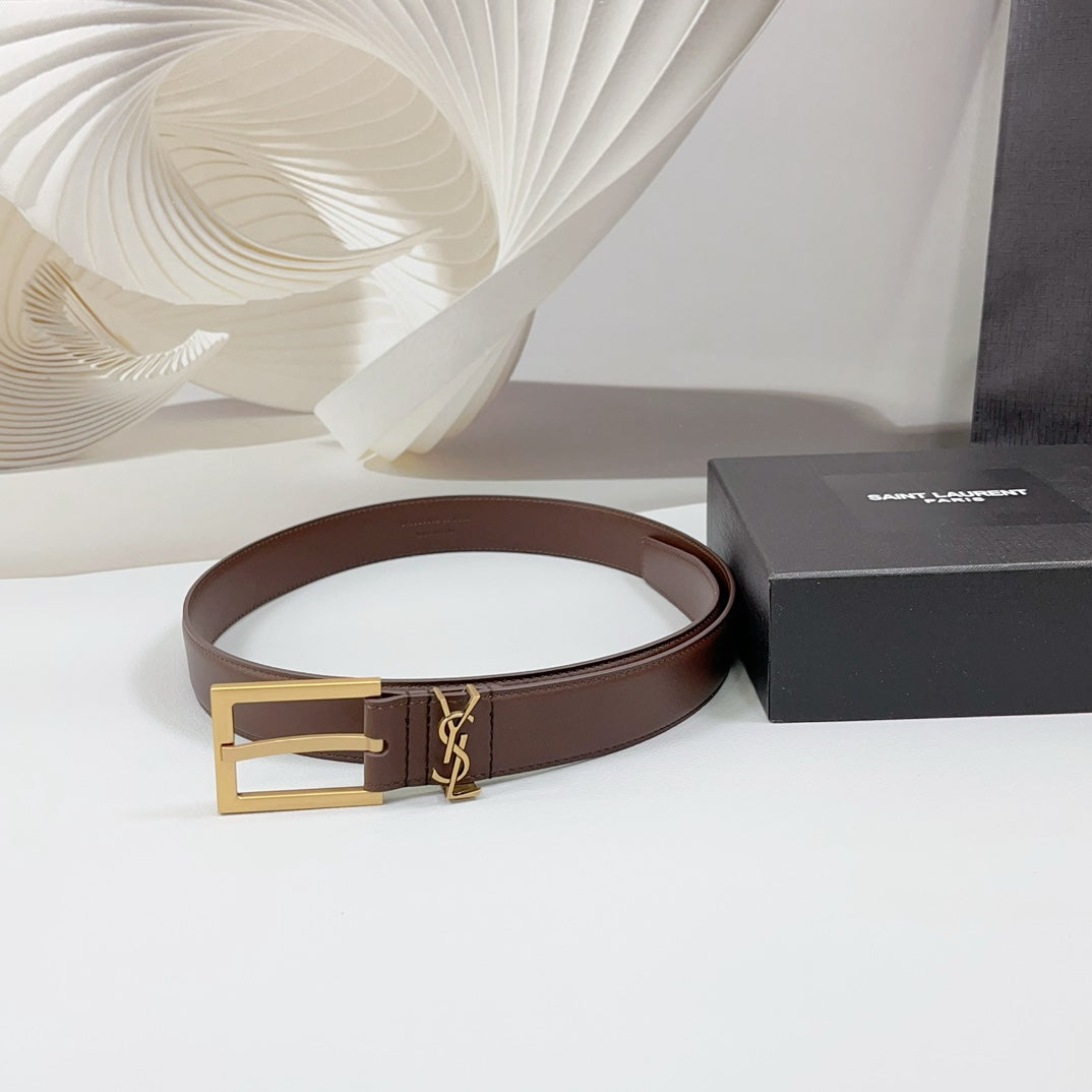 Saint Laurent Square Buckle Leather Belt with Mini Monogram Keeper