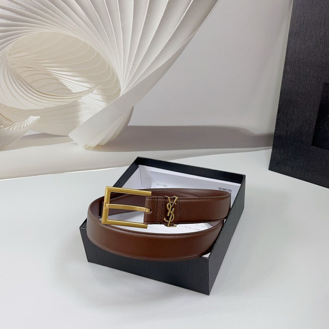 Saint Laurent Square Buckle Leather Belt with Mini Monogram Keeper