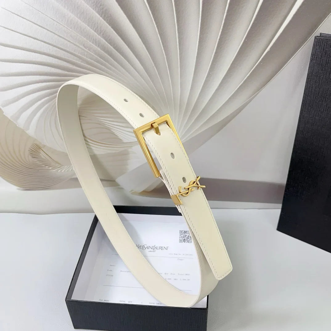 Saint Laurent Square Buckle Leather Belt with Mini Monogram Keeper