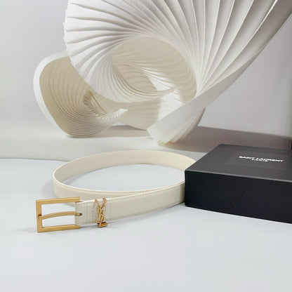 Saint Laurent Square Buckle Leather Belt with Mini Monogram Keeper