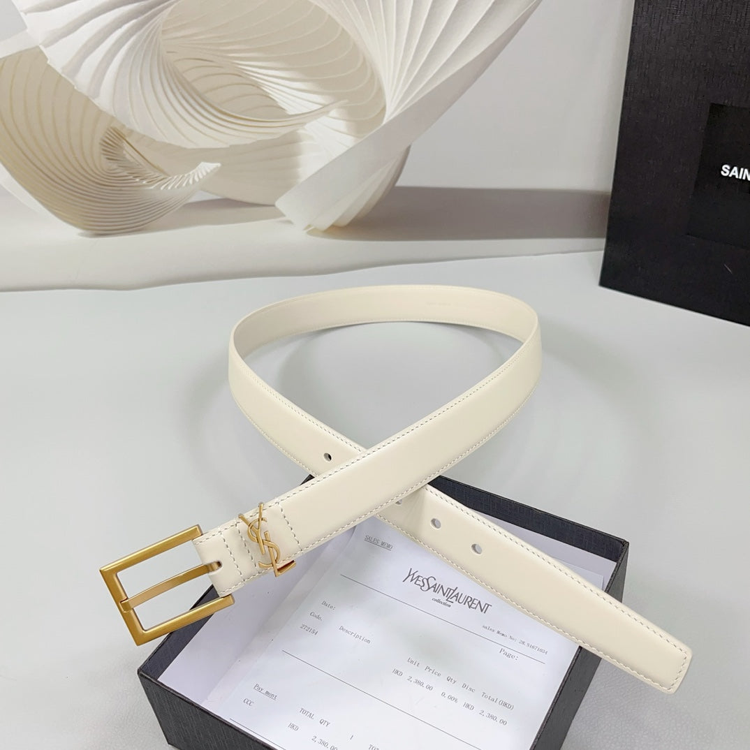 Saint Laurent Square Buckle Leather Belt with Mini Monogram Keeper
