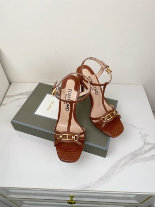 Tom Ford Chain-Embellished Metallic Snakeskin Sandals