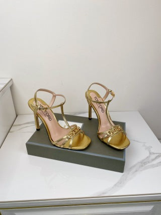 Tom Ford Chain-Embellished Metallic Snakeskin Sandals