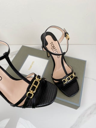 Tom Ford Chain-Embellished Metallic Snakeskin Sandals