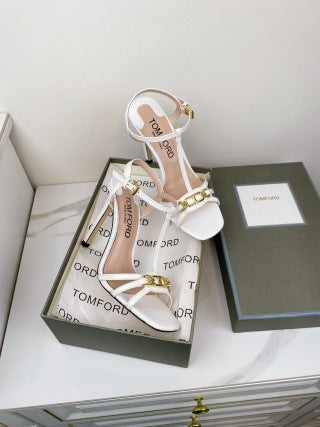 Tom Ford Chain-Embellished Metallic Snakeskin Sandals