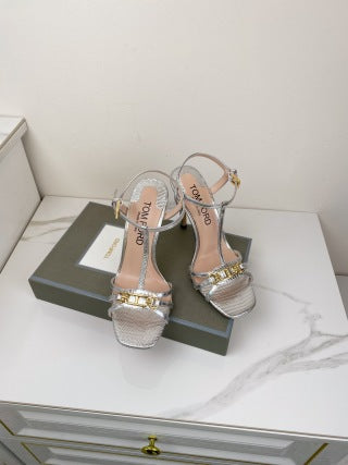 Tom Ford Chain-Embellished Metallic Snakeskin Sandals