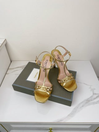 Tom Ford Chain-Embellished Metallic Snakeskin Sandals