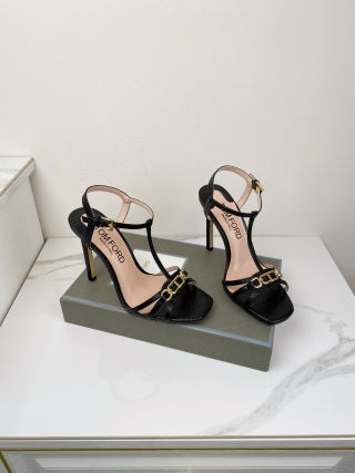 Tom Ford Chain-Embellished Metallic Snakeskin Sandals