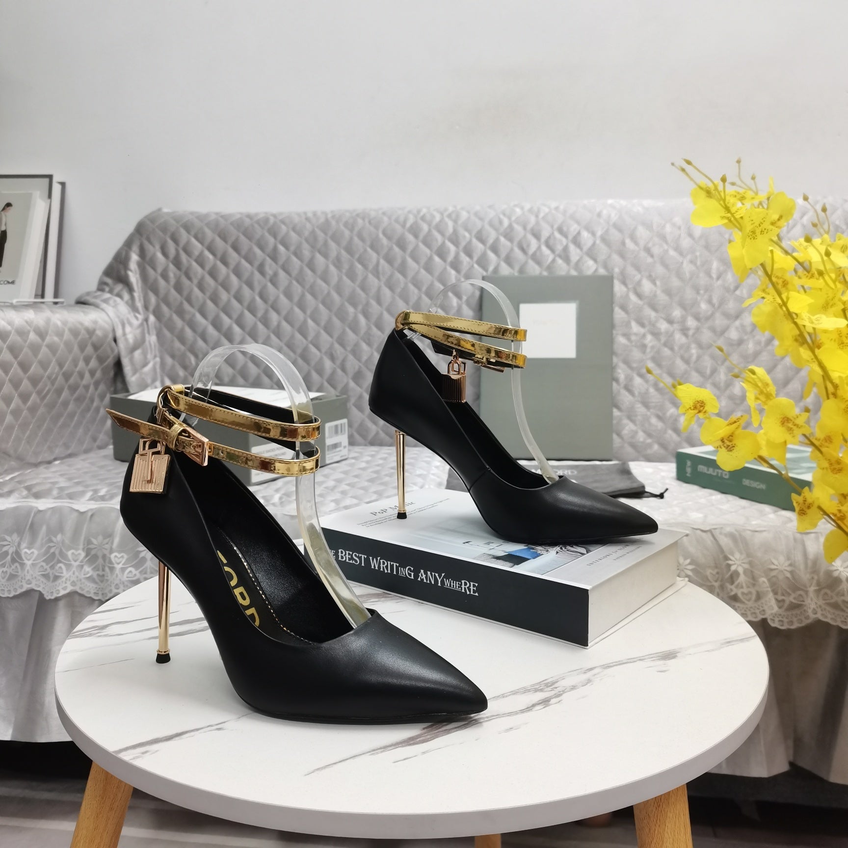 Tom Ford Pointed-Toe Stiletto Sandals - Golden Strap