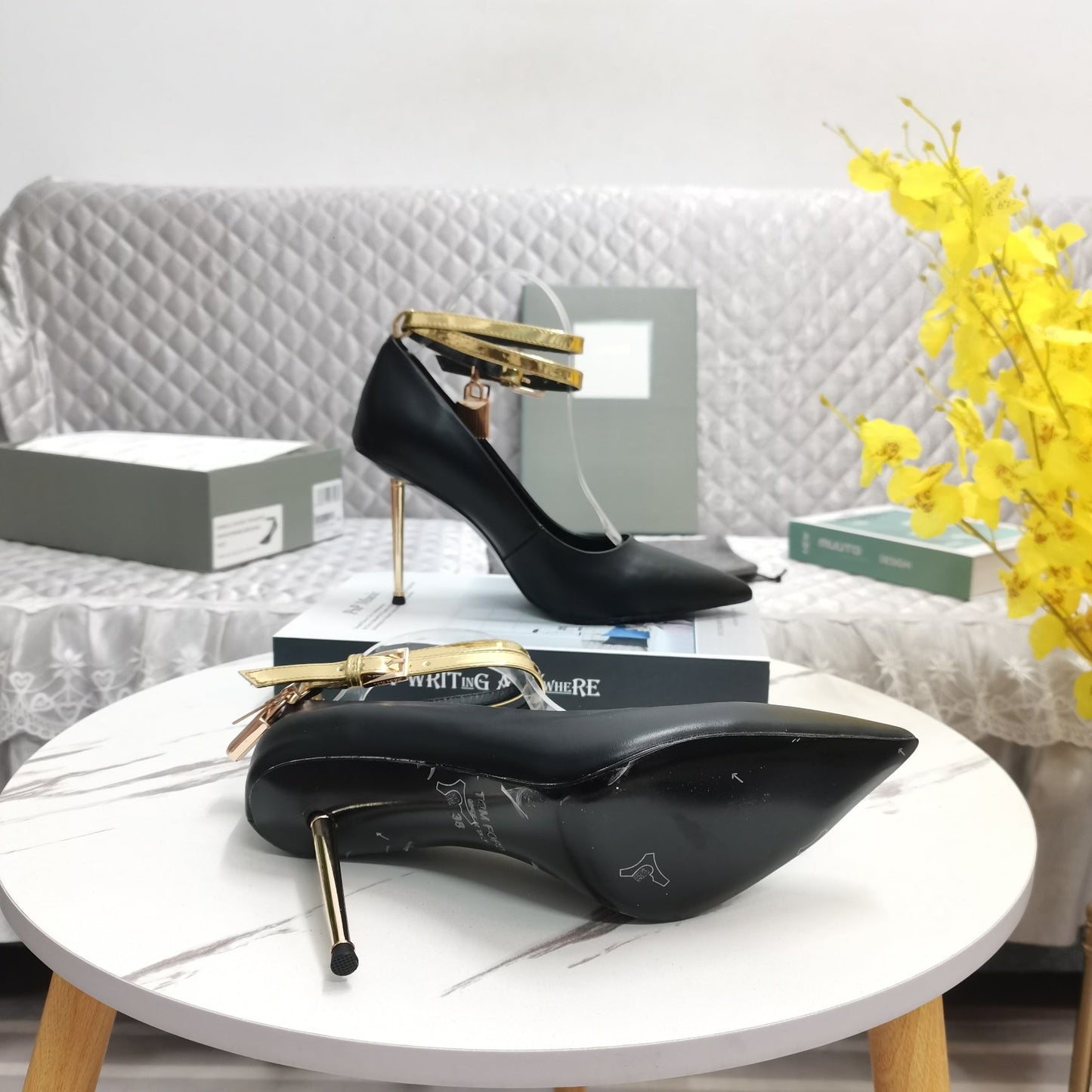 Tom Ford Pointed-Toe Stiletto Sandals - Golden Strap