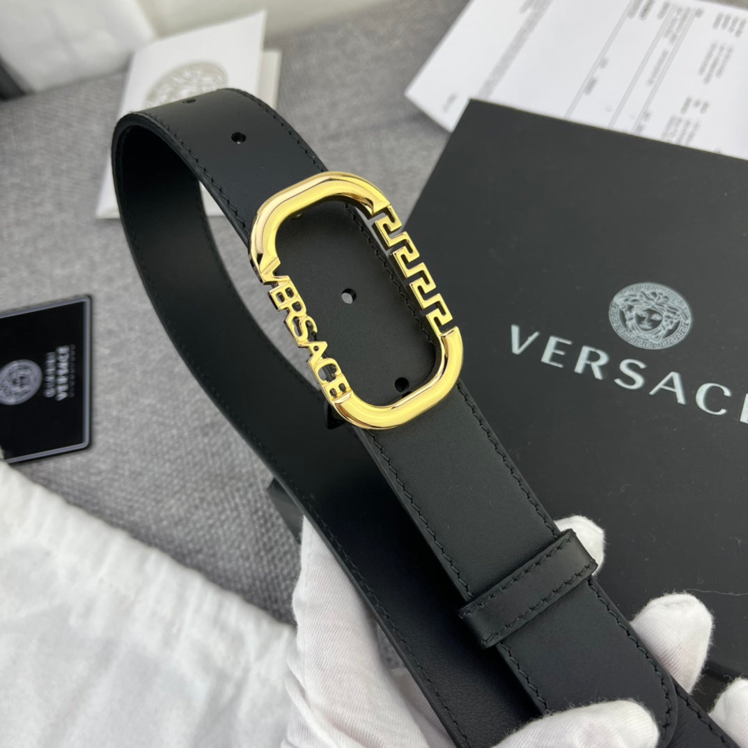 Versace Greca Logo Oval Buckle Leather Belt