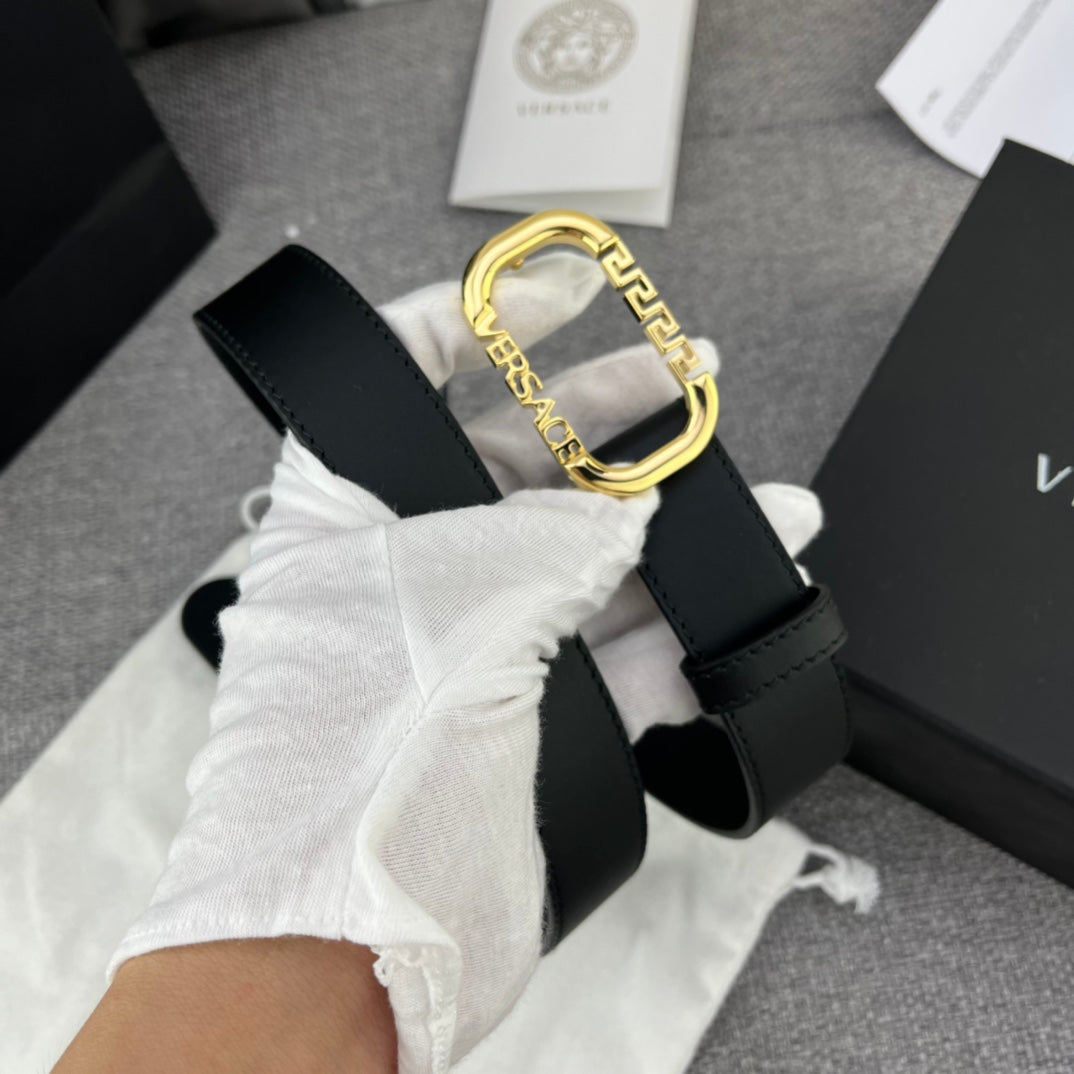 Versace Greca Logo Oval Buckle Leather Belt