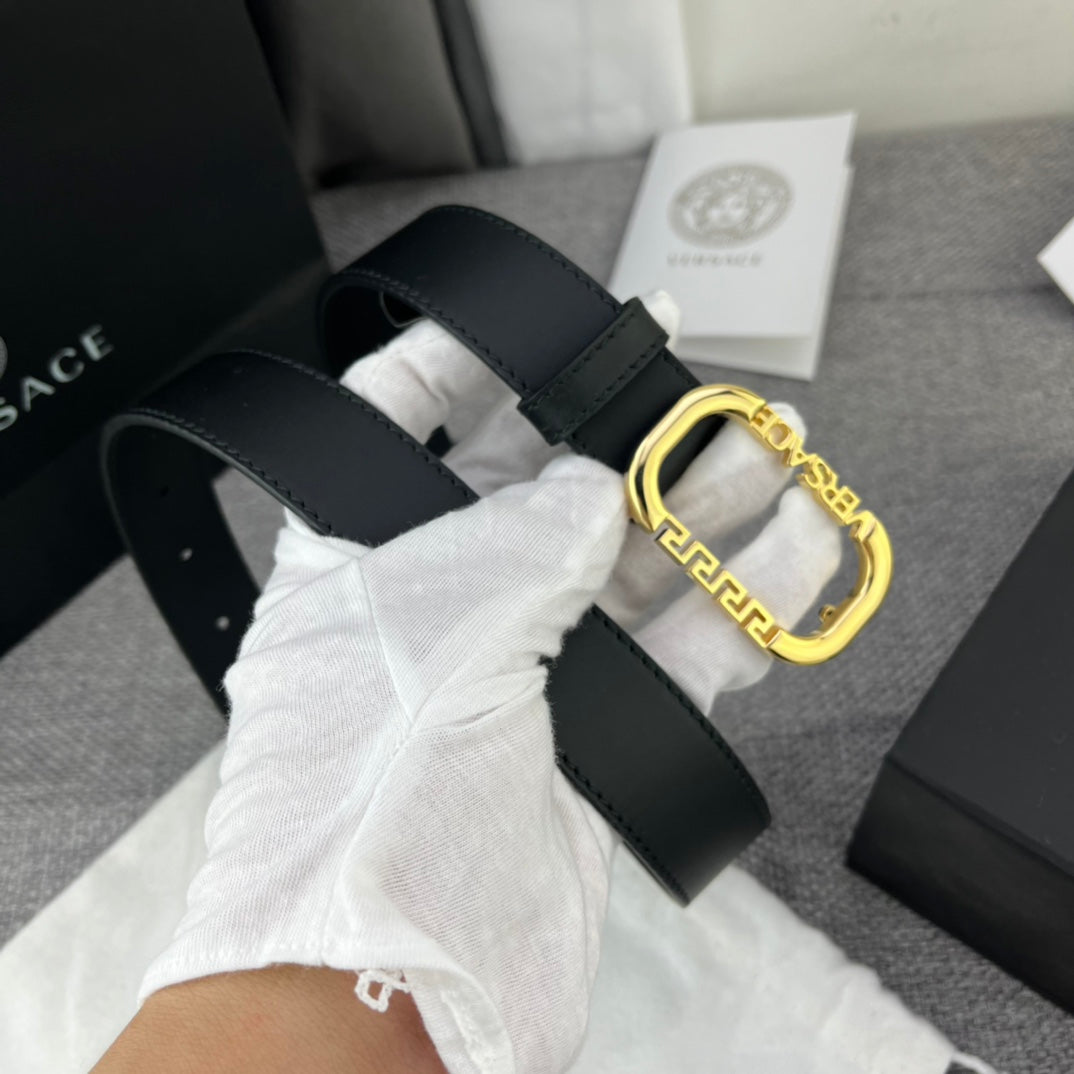 Versace Greca Logo Oval Buckle Leather Belt