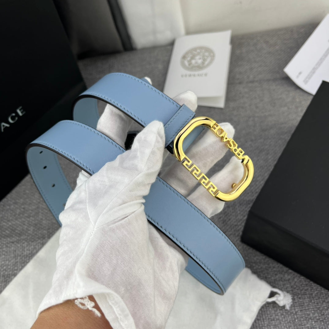 Versace Greca Logo Oval Buckle Leather Belt