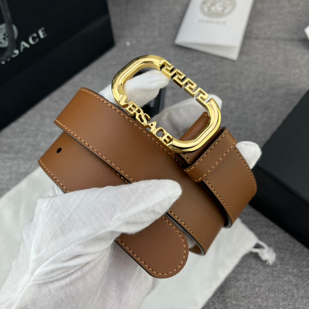 Versace Greca Logo Oval Buckle Leather Belt