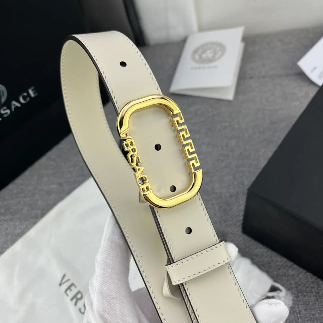 Versace Greca Logo Oval Buckle Leather Belt