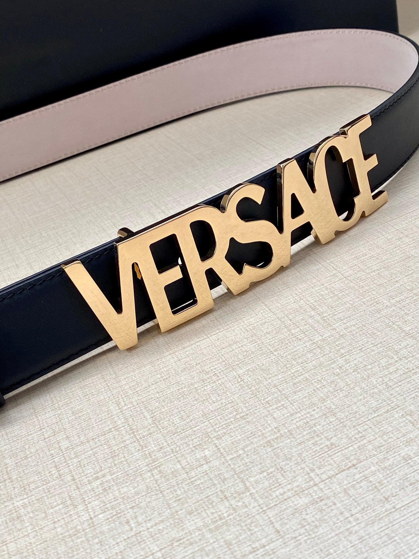 Versace Logo Lettering Buckle Leather Belt
