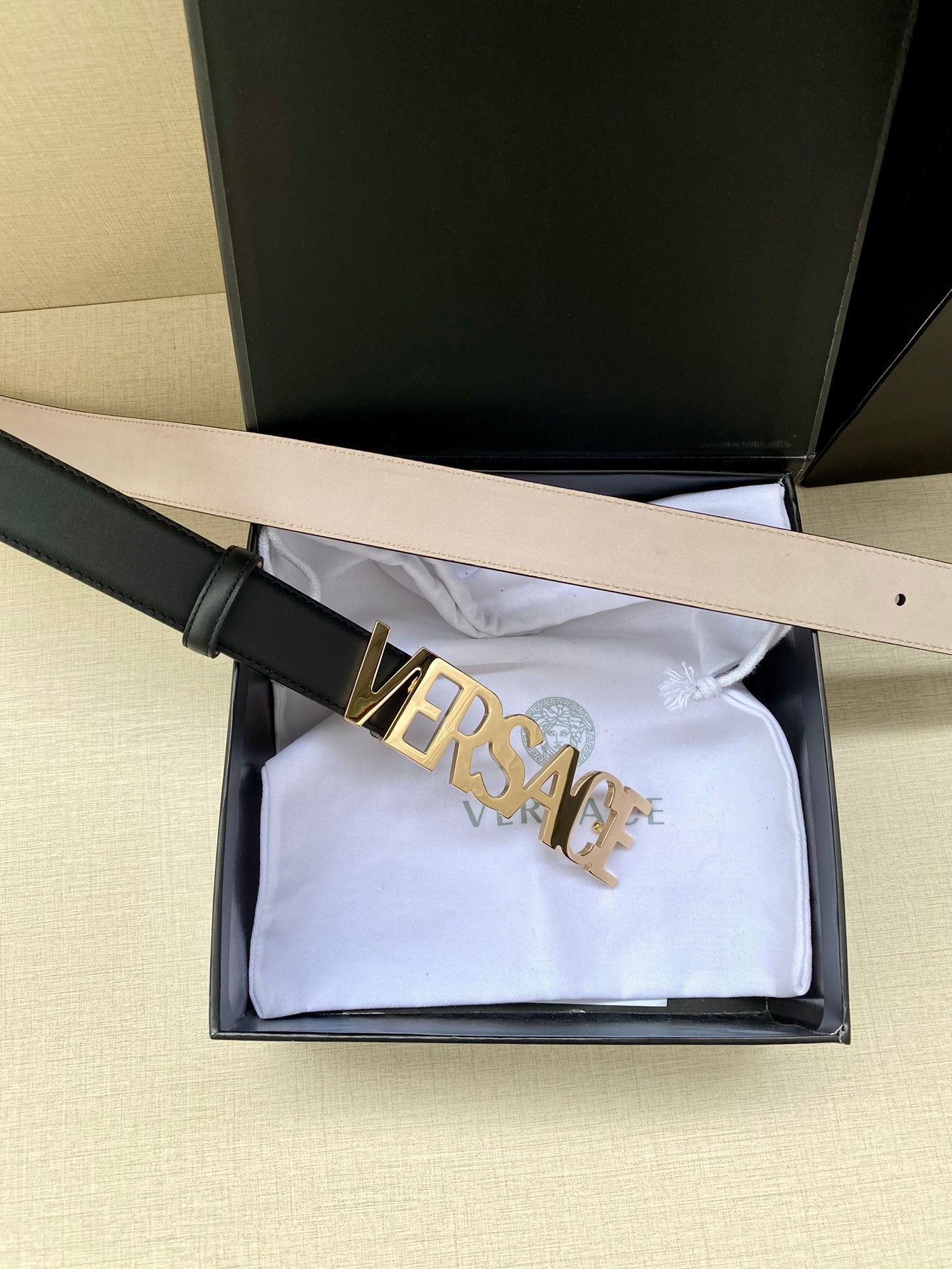 Versace Logo Lettering Buckle Leather Belt