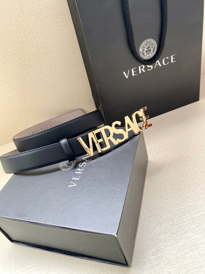 Versace Logo Lettering Buckle Leather Belt