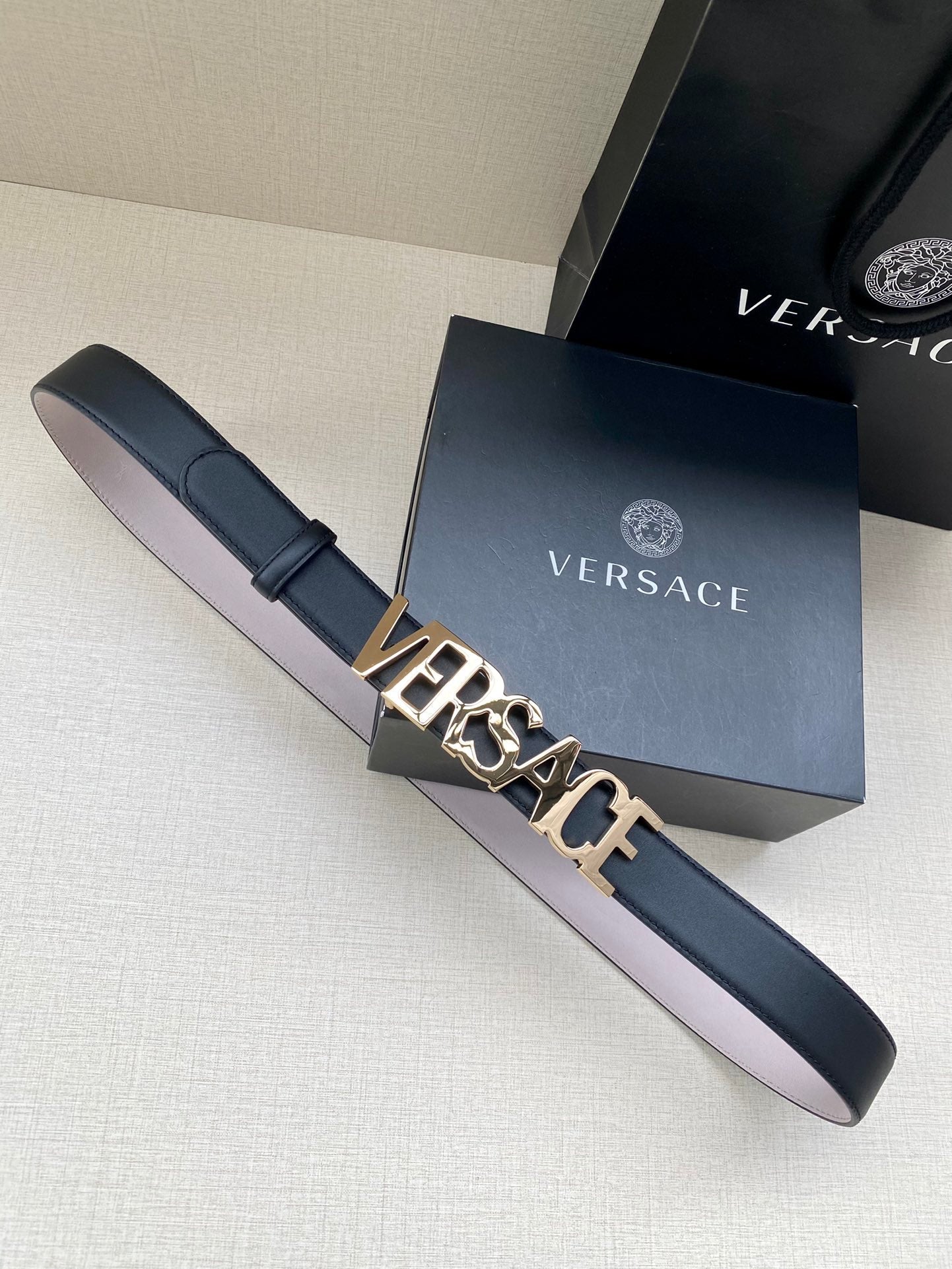 Versace Logo Lettering Buckle Leather Belt