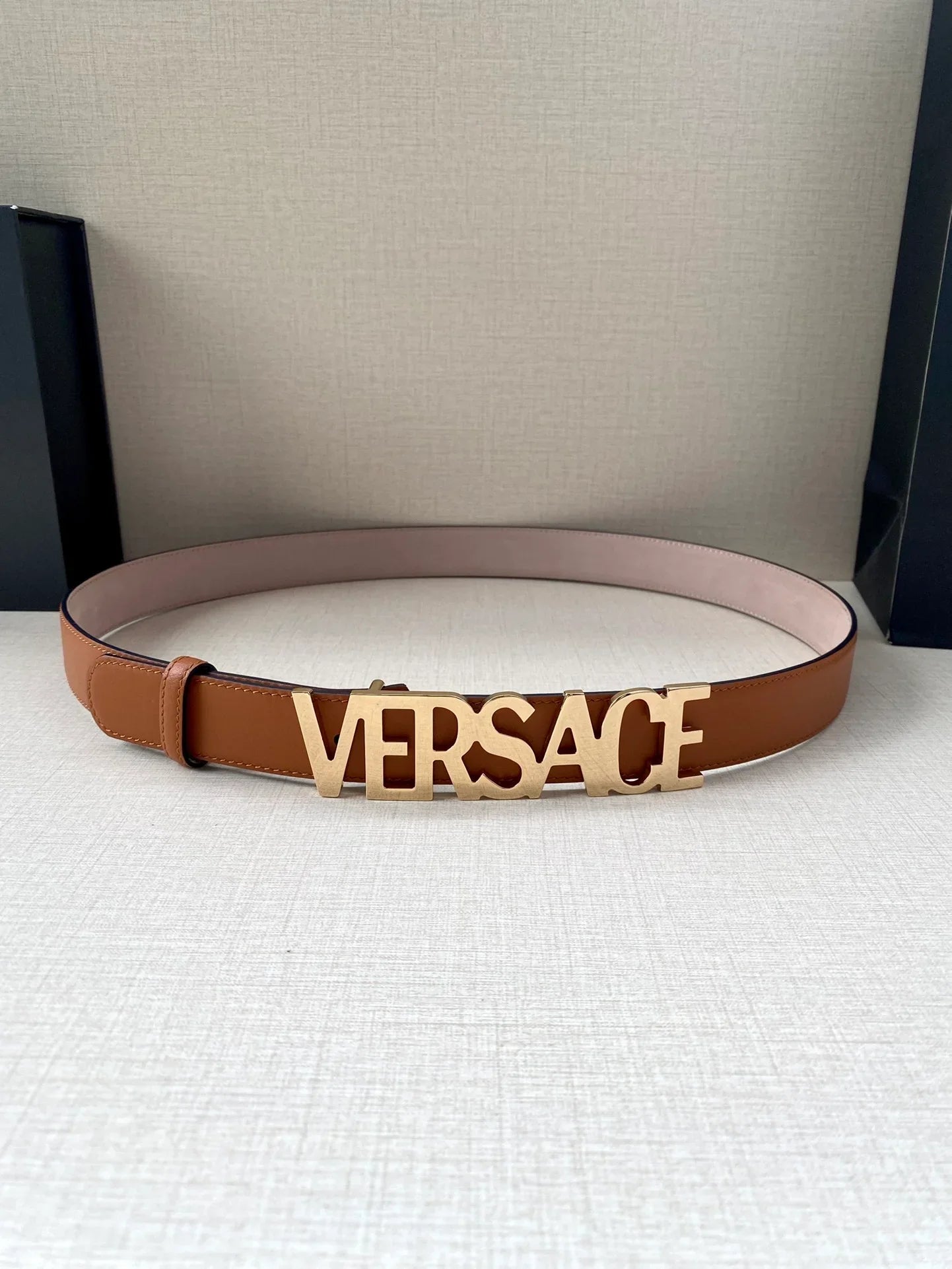Versace Logo Lettering Buckle Leather Belt