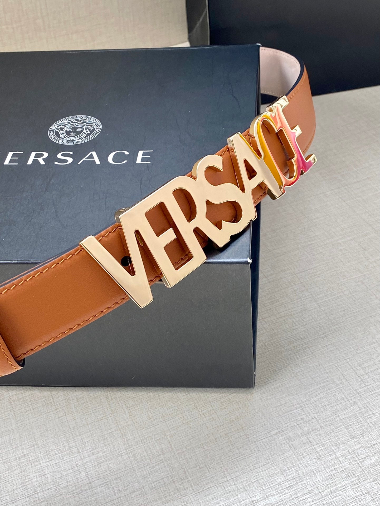 Versace Logo Lettering Buckle Leather Belt