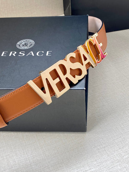 Versace Logo Lettering Buckle Leather Belt