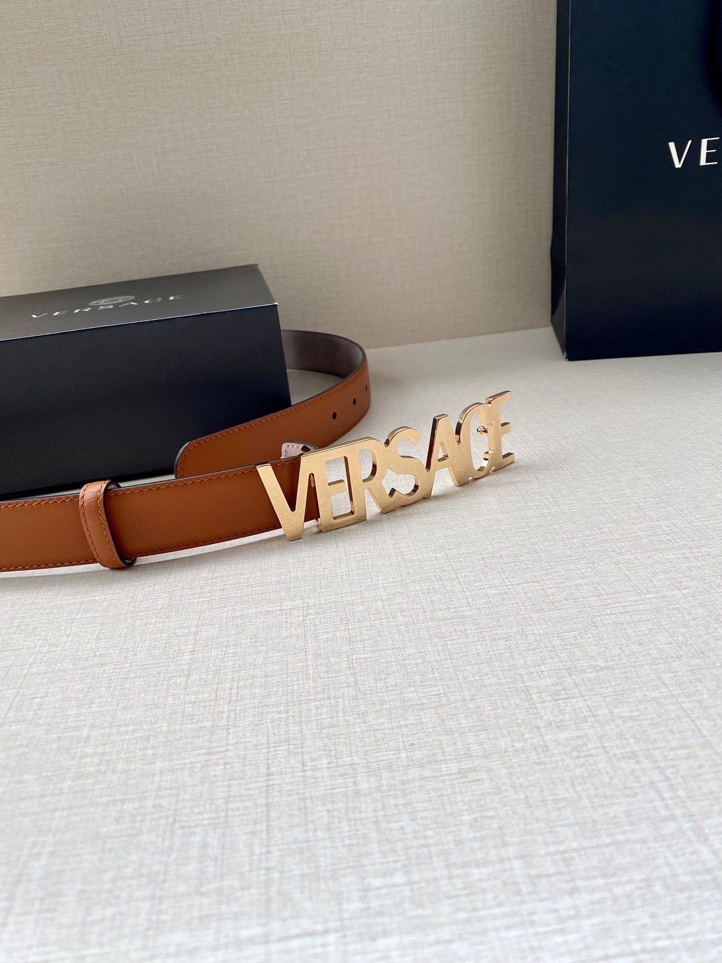 Versace Logo Lettering Buckle Leather Belt