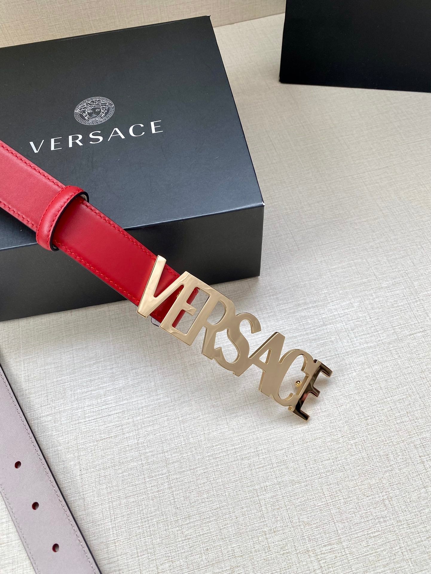 Versace Logo Lettering Buckle Leather Belt