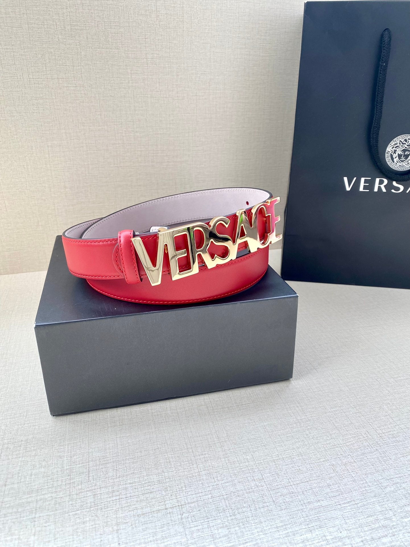 Versace Logo Lettering Buckle Leather Belt