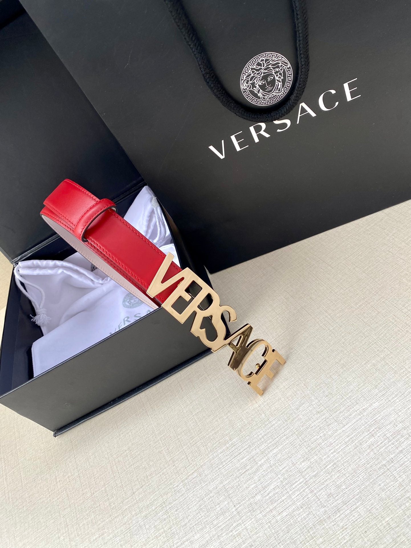 Versace Logo Lettering Buckle Leather Belt