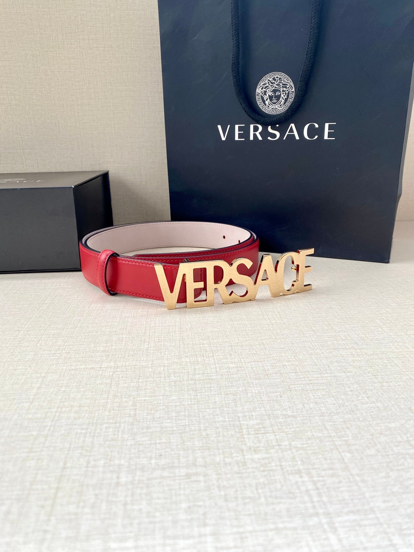 Versace Logo Lettering Buckle Leather Belt