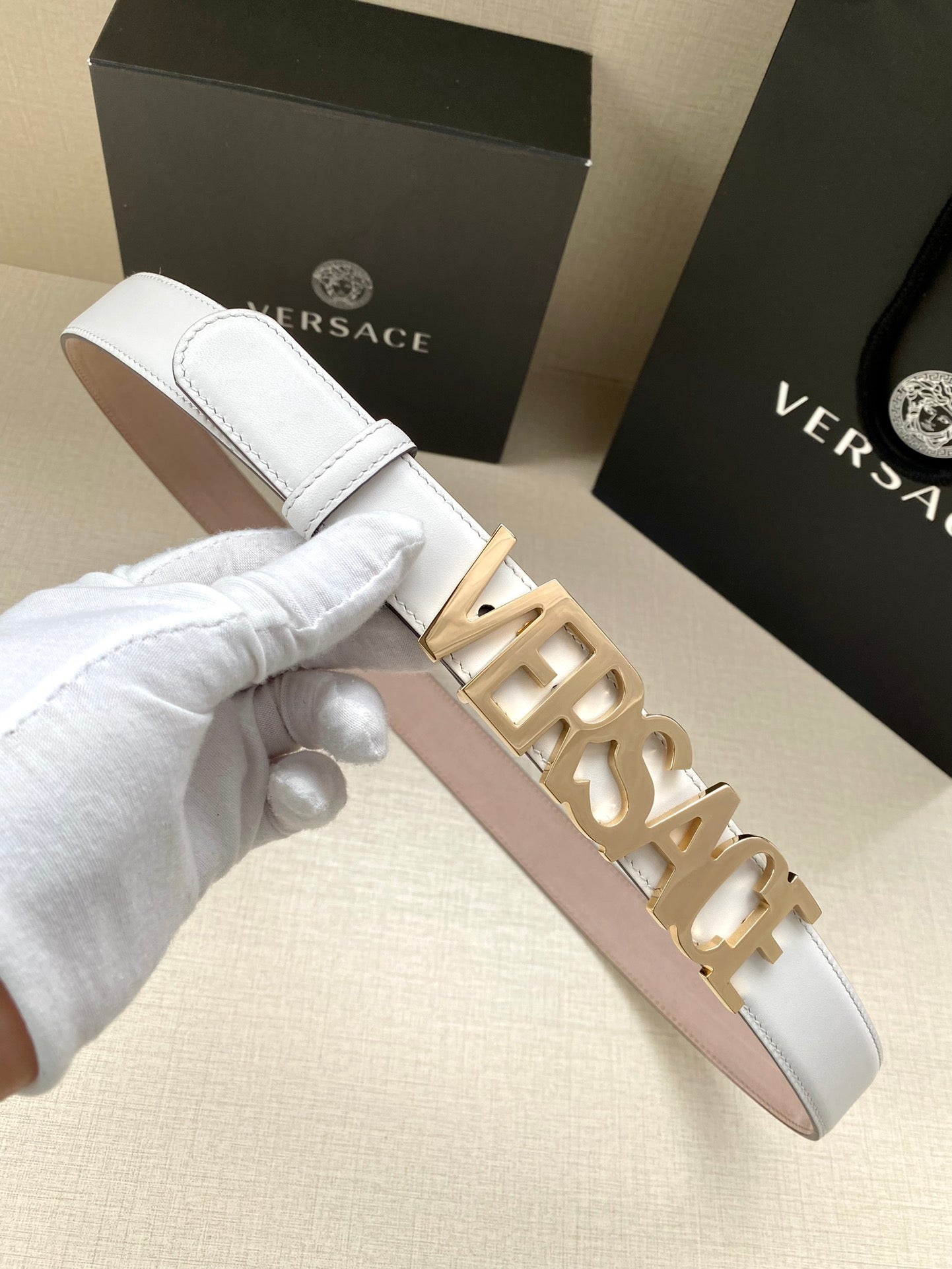 Versace Logo Lettering Buckle Leather Belt