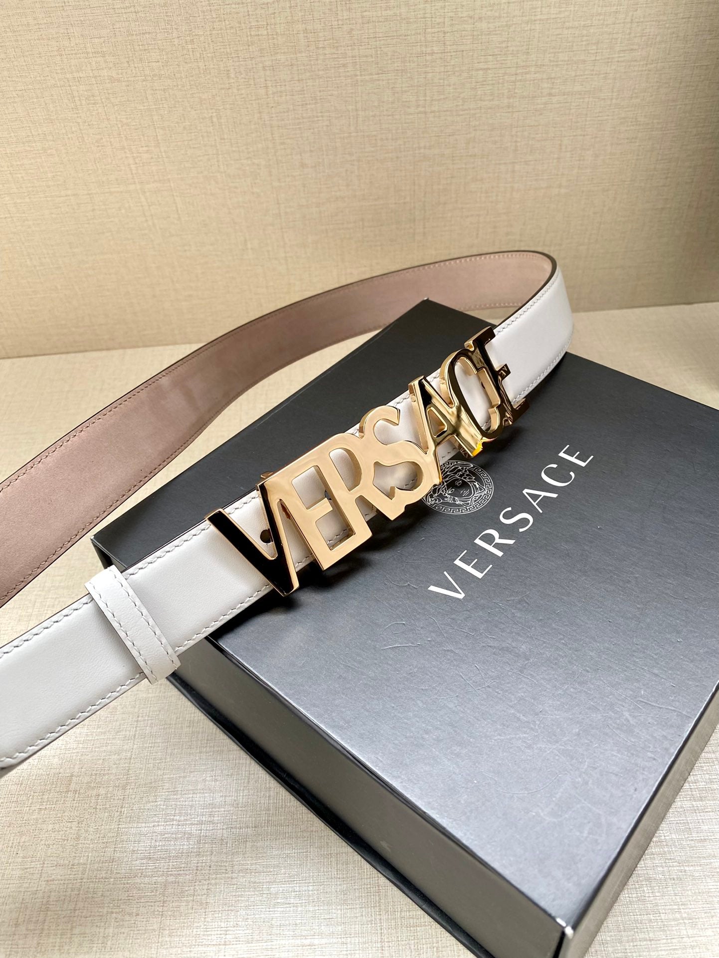 Versace Logo Lettering Buckle Leather Belt