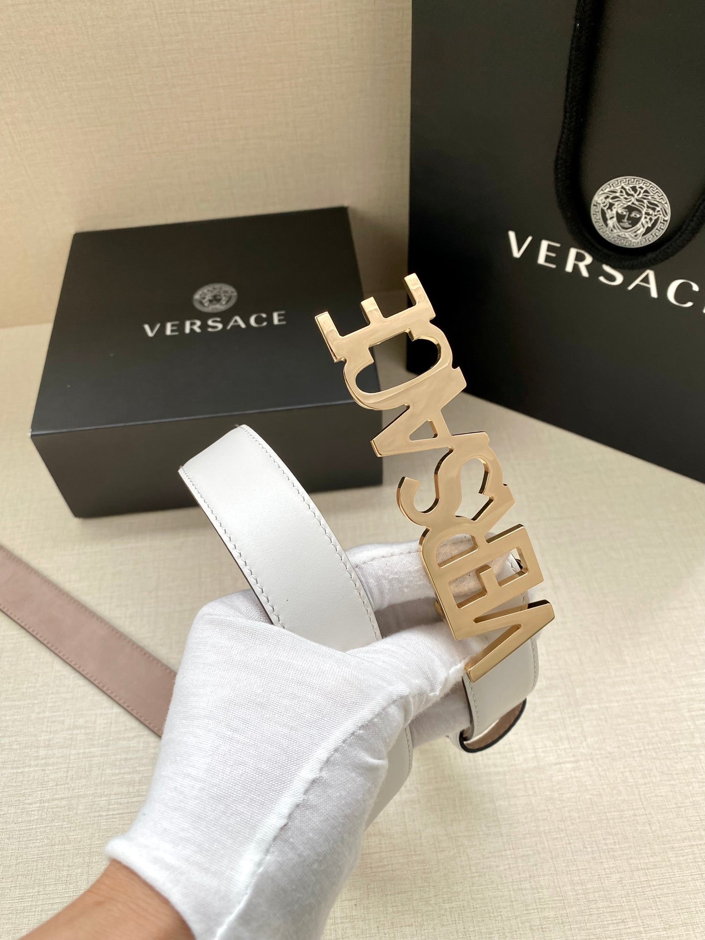 Versace Logo Lettering Buckle Leather Belt