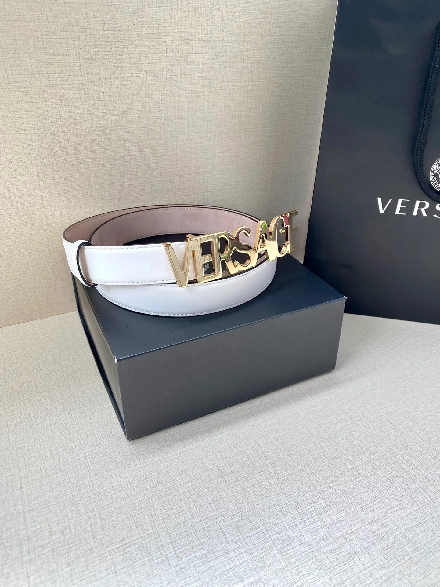 Versace Logo Lettering Buckle Leather Belt