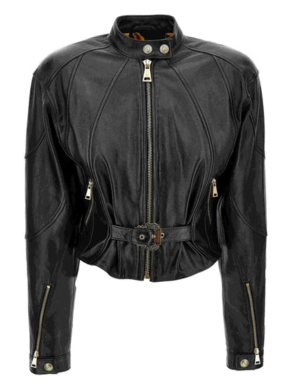 Versace Medusa-Buckle Cropped Leather Jacket