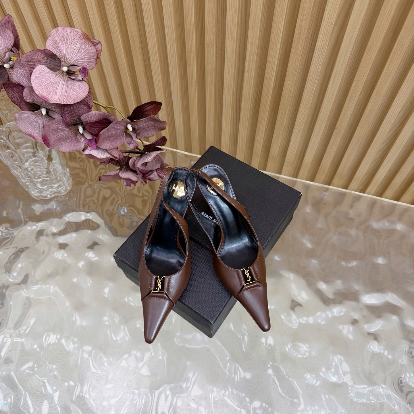 YSL SAINT LAURENT Babylone Leather Slingback Pumps