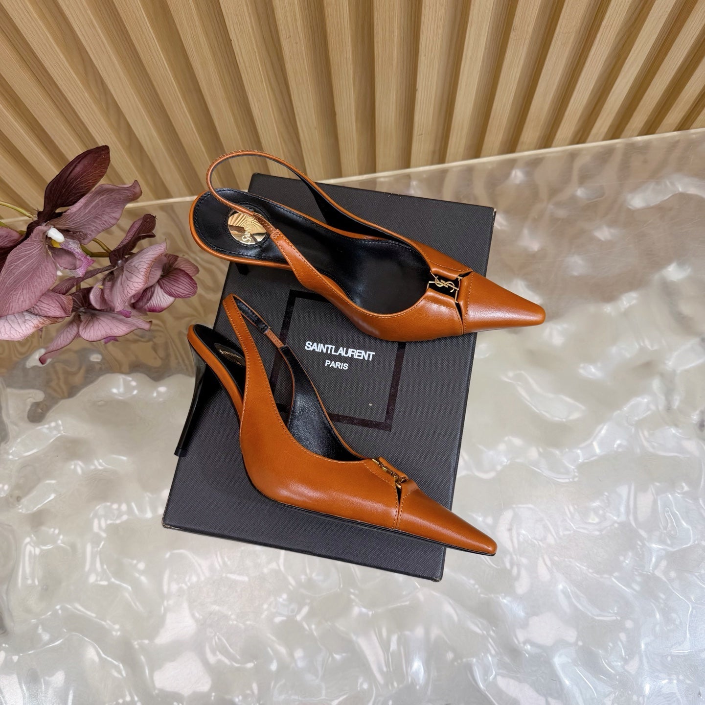 YSL SAINT LAURENT Babylone Leather Slingback Pumps