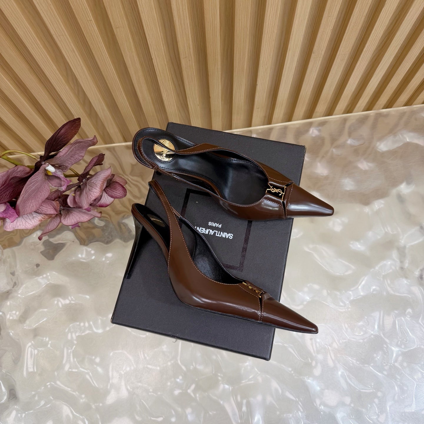 YSL SAINT LAURENT Babylone Leather Slingback Pumps