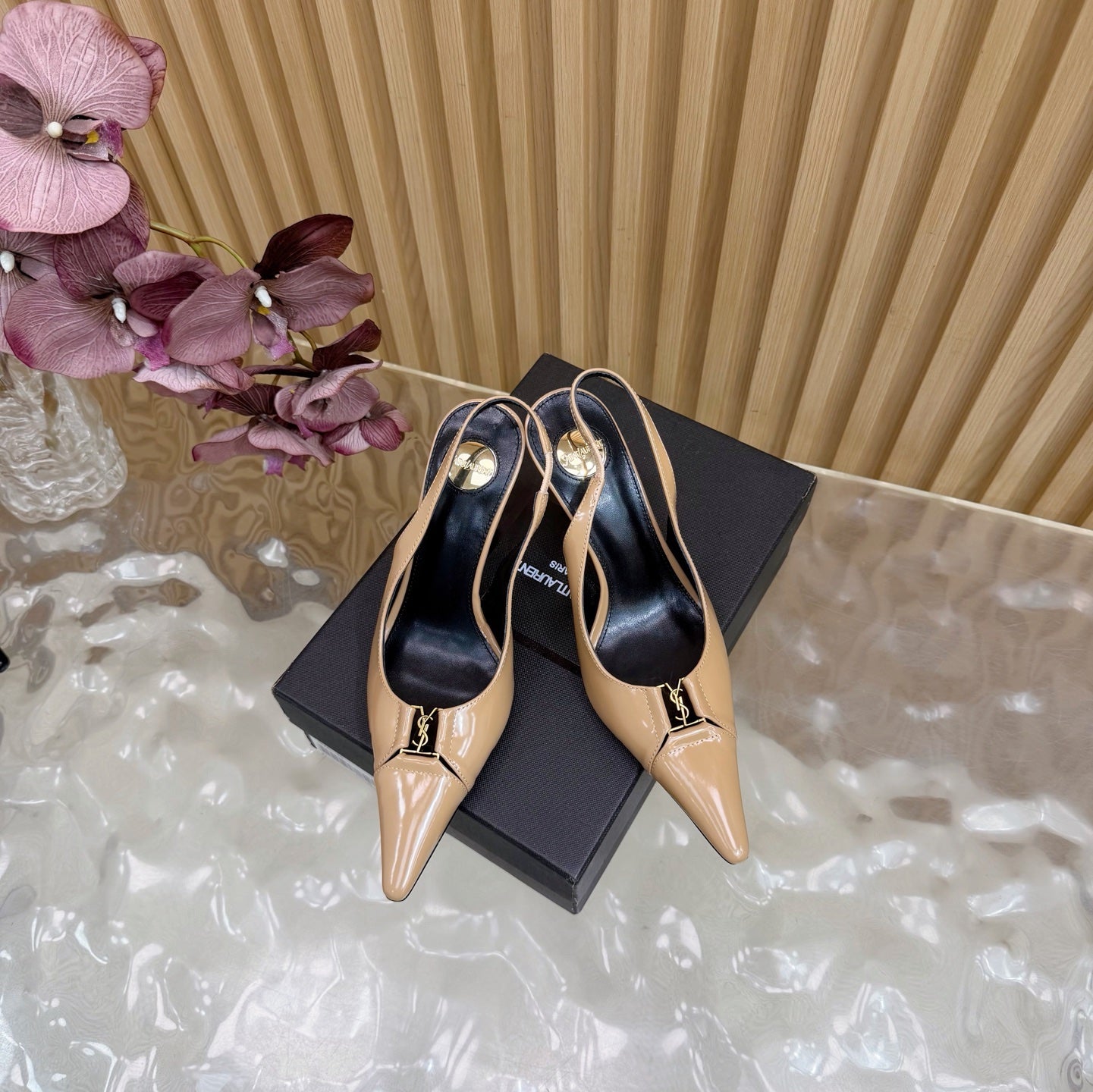 YSL SAINT LAURENT Babylone Leather Slingback Pumps