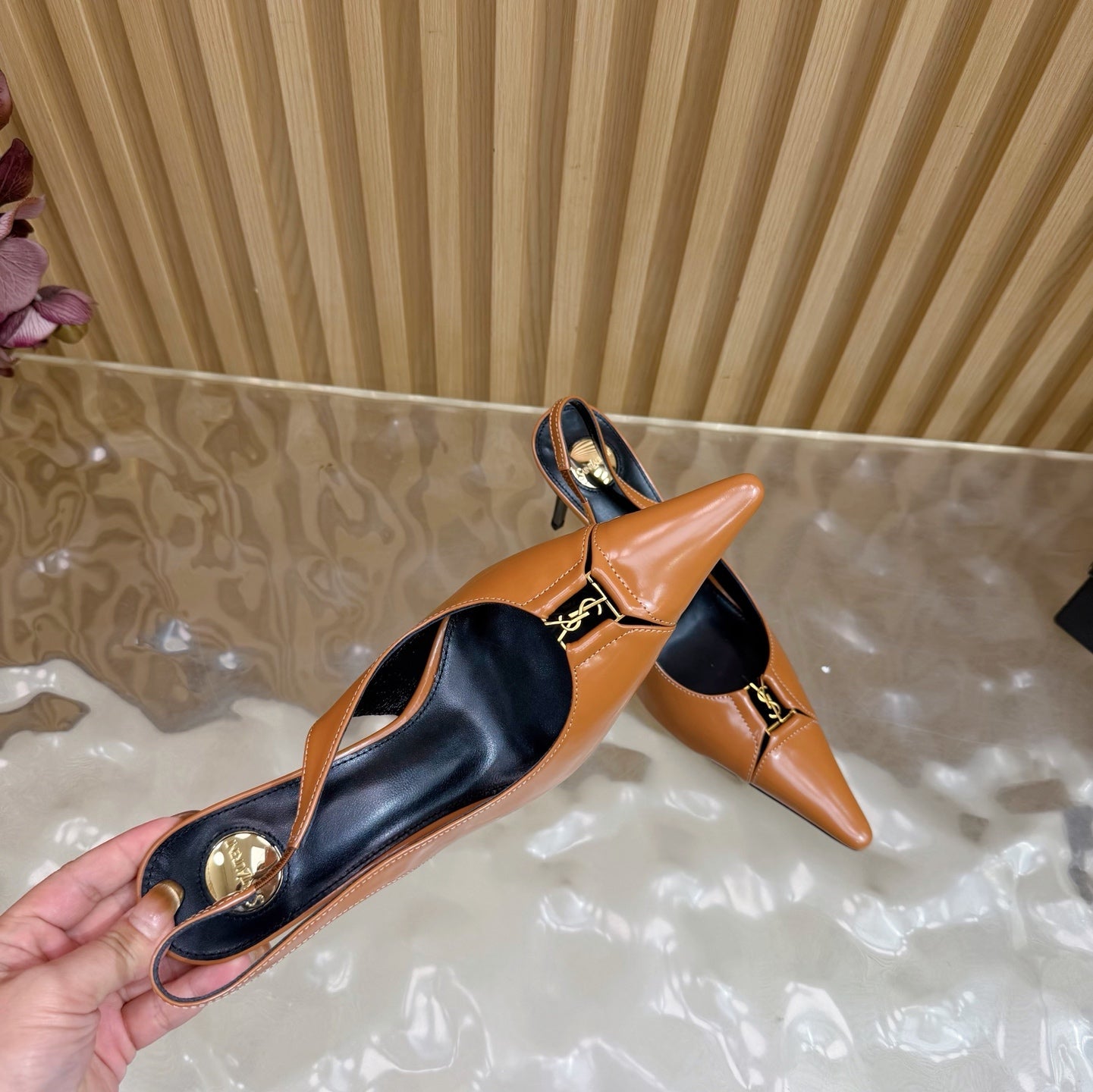 YSL SAINT LAURENT Babylone Leather Slingback Pumps